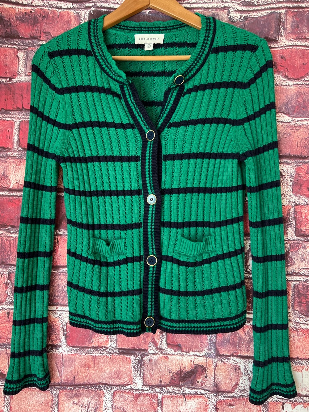 Free Assembly Green Striped Textured Stitch Cardigan Sweater